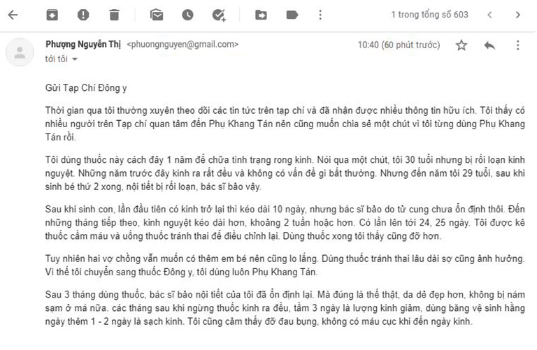 Email review của bệnh nhân Nguyễn Thị Phượng về Phụ Khang Tán chữa rong kinh
