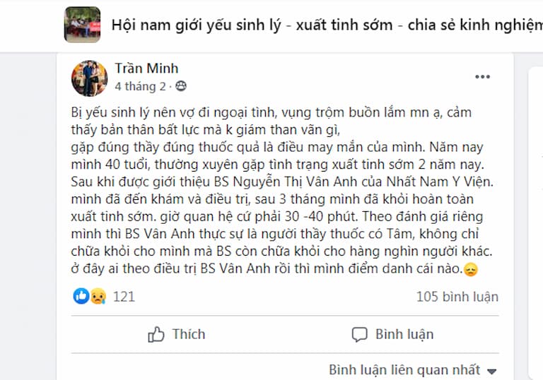 Một khách hàng đã có đánh giá tốt về TS.BS Nguyễn Thị Vân Anh trên các hội nhóm của MXH.