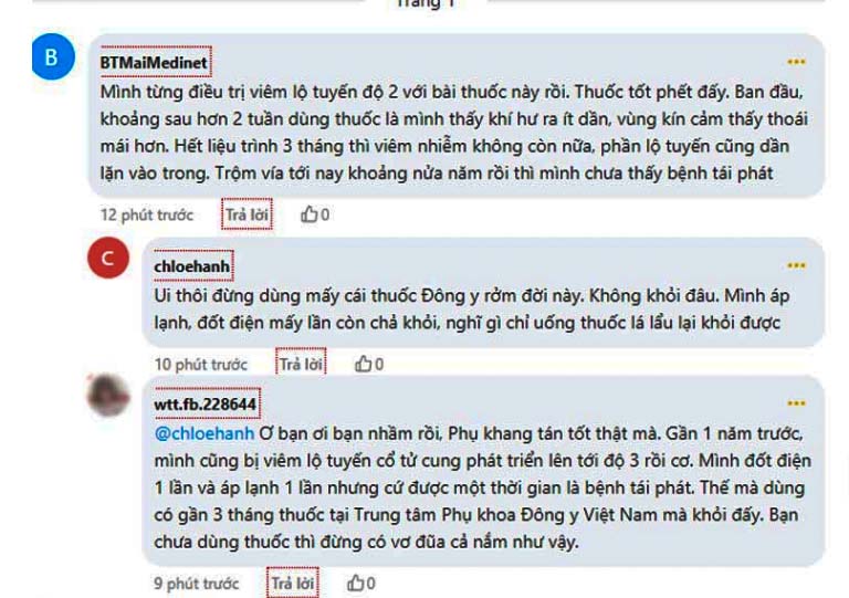 Những bình luận chia sẻ khẳng định Phụ Khang Tán chữa viêm lộ tuyến hiệu quả trên webtretho