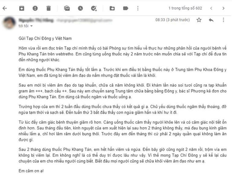 Email chia sẻ chữa khỏi viêm âm đạo bằng Phụ Khang tán trên Tạp Chí Đông y